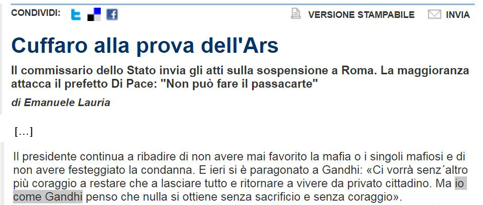 Salvatore Cuffaro come Gandhi («La Repubblica» (Palermo), 23 gennaio 2008)