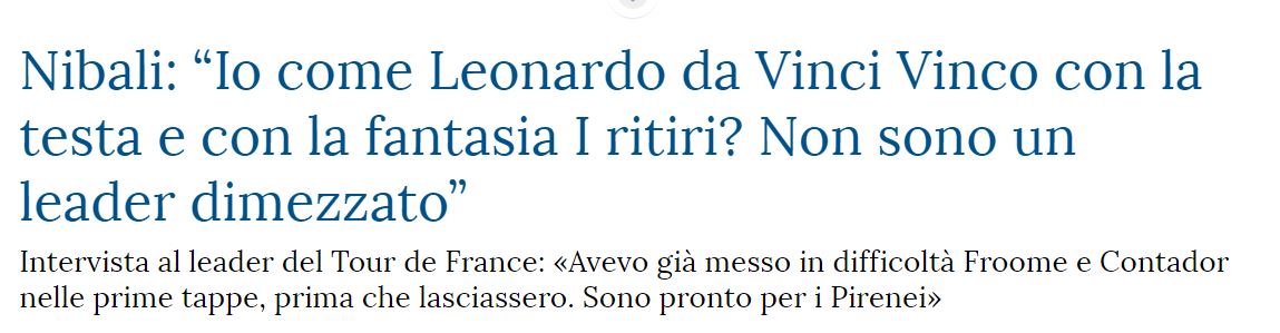 Vincenzo Nibali come Leonardo da Vinci («La Stampa», 21 luglio 2014)